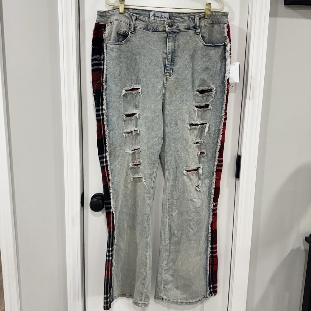 Spoon Jeans 16 Y2K Grunge Punk Plaid Distressed Wide Leg Jeans Alt Streetwear